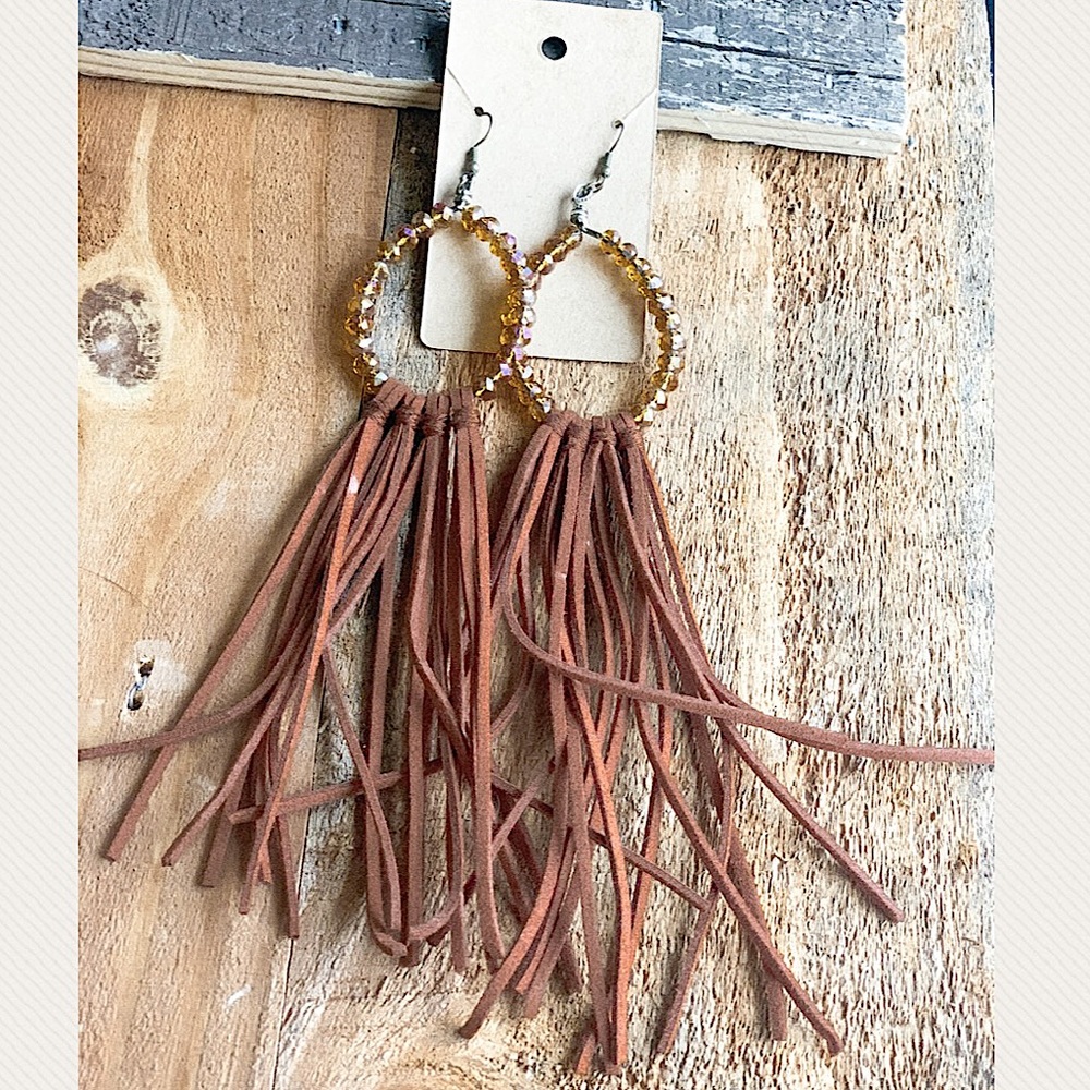 CHESTNUT BROWN FRINGE AND BEADED WESTERN EARRINGS